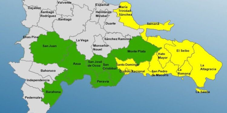 Colocan 9 provincias en alerta amarilla y 7 en verde por lluvias