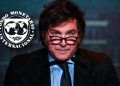 Foto de Milei junto al logo del Fondo Monetario Internacional (FMI).