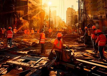Imagen de personas trabajando en una construcción en medio de una calle.