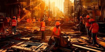 Imagen de personas trabajando en una construcción en medio de una calle.
