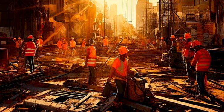 Imagen de personas trabajando en una construcción en medio de una calle.