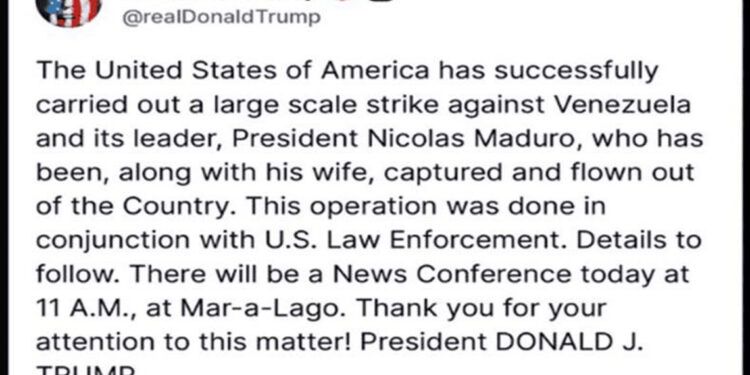 Trump afirma que Maduro fue capturado y sacado de Venezuela